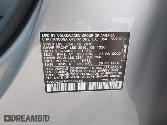 2021 Volkswagen Atlas SE with VIN 1V2JR2CA7MC556268, listed as a IAAI auction lot 41185525 with 73,724 mi miles and . Bid and sale history available at DreamBid. Image 9.