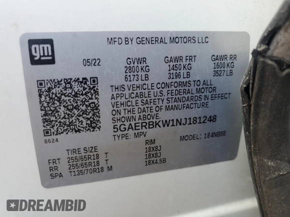 2022 Buick Enclave Essence with VIN 5GAERBKW1NJ181248, listed as a Copart auction lot 52755085 with 112,485 mi miles and Clean Title. Bid and sale history available at carsss.com. Image 14.