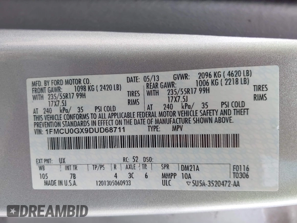2013 Ford Escape SE with VIN 1FMCU0GX9DUD68711, listed as a IAAI auction lot 42243521 with 120,441 mi miles and . Bid and sale history available at DreamBid. Image 9.