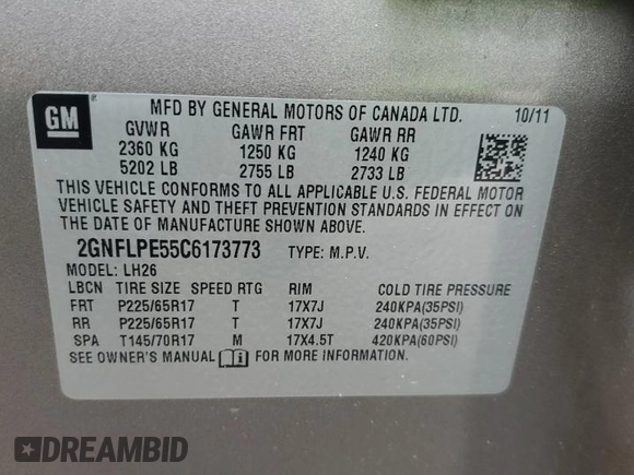 2012 Chevrolet Equinox 2LT z VIN 2GNFLPE55C6173773, wystawiony jako Copart lot #53961474 z przebiegiem 163 806 mil mil oraz Szkoda całkowita • Salvage title. Historia ofert i sprzedaży dostępna na DreamBid. Obrazek 13.