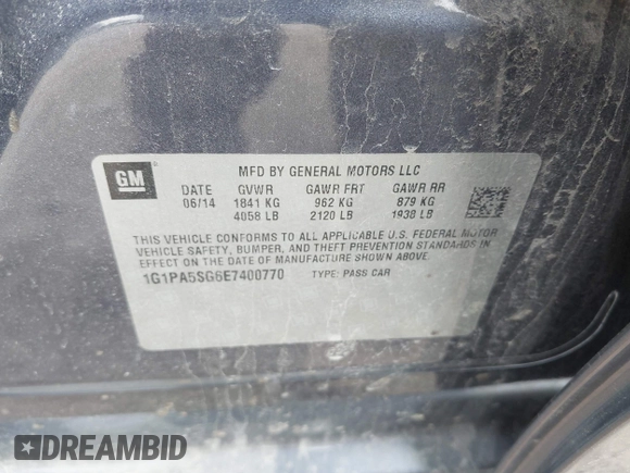 2014 Chevrolet Cruze LS with VIN 1G1PA5SG6E7400770, listed as a IAAI auction lot 41901926 with 104,167 mi miles and . Bid and sale history available at DreamBid. Image 9.