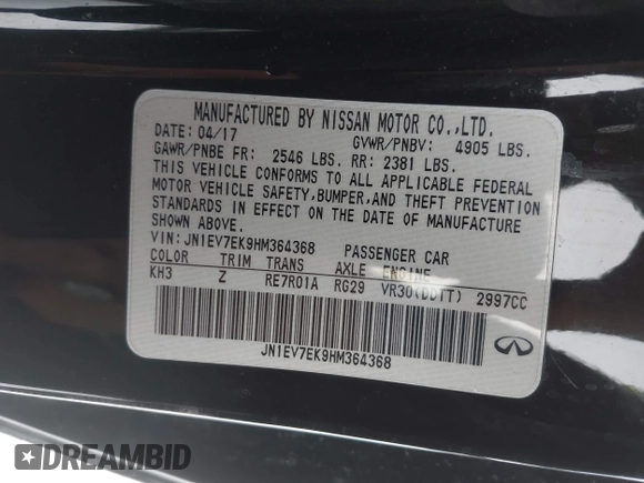 2017 Infiniti Q60 Premium with VIN JN1EV7EK9HM364368, listed as a IAAI auction lot 41604787 with 97,384 mi miles and . Bid and sale history available at DreamBid. Image 9.