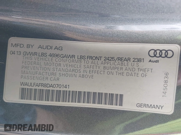 2013 Audi A5 Premium Plus z VIN WAULFAFR8DA070141, wystawiony jako IAAI lot #41729584 z przebiegiem 176 662 mil mil oraz . Historia ofert i sprzedaży dostępna na DreamBid. Obrazek 9.