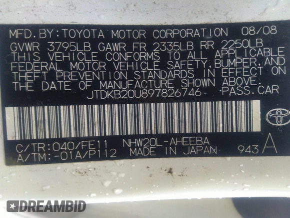 2009 Toyota Prius with VIN JTDKB20U897826746, listed as a IAAI auction lot 33029224 with 332,827 mi miles and . Bid and sale history available at DreamBid. Image 9.