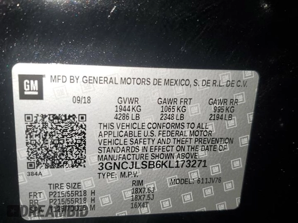 2019 Chevrolet Trax LT with VIN 3GNCJLSB6KL173271, listed as a Copart auction lot 49654625 with 120,908 mi miles and Clean Title. Bid and sale history available at carsss.com. Image 14.