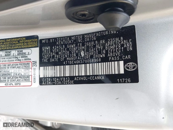 2007 Toyota Camry CE with VIN 4T1BE46K57U058968, listed as a IAAI auction lot 41575793 with 155,385 mi miles. Bid and sale history available at carsss.com. Image 9.