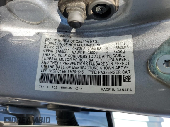 2020 Honda Civic Si z VIN 2HGFC1E51LH701515, wystawiony jako Copart lot #54405275 z przebiegiem 127 549 mil mil oraz Szkody całkowita. Historia ofert i sprzedaży dostępna na DreamBid. Obrazek 12.
