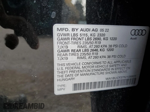 2022 Audi Q3 Premium Plus z VIN WA1BUCF37N1136931, wystawiony jako Copart lot #65228584 z przebiegiem 21 178 mil mil oraz Szkoda całkowita • Salvage title. Historia ofert i sprzedaży dostępna na DreamBid. Obrazek 13.