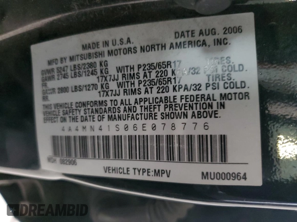 2006 Mitsubishi Endeavor Limited with VIN 4A4MN41S06E078776, listed as a Copart auction lot 82951944 with 217,100 mi miles and Clean title. Bid and sale history available at DreamBid. Image 13.