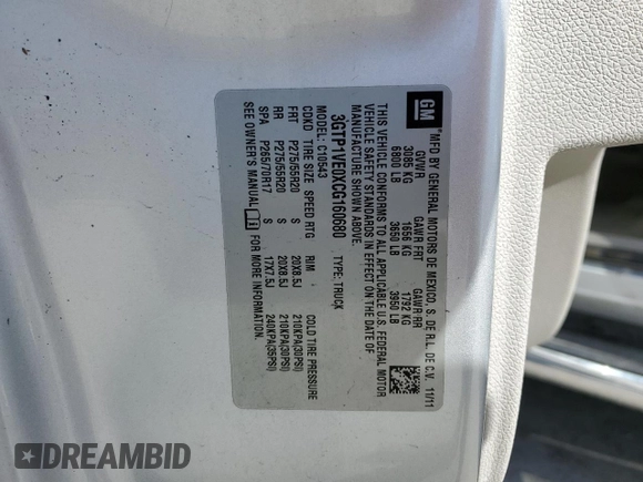 2012 GMC Sierra 1500 SLE with VIN 3GTP1VE0XCG160680, listed as a Copart auction lot 57332435 with 133,794 mi miles and Salvage title. Bid and sale history available at DreamBid. Image 12.