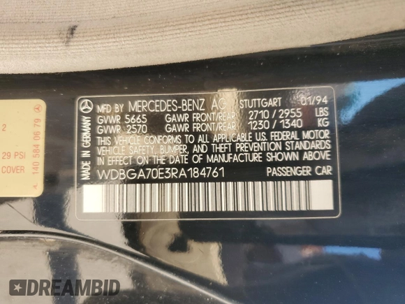 1994 Mercedes-Benz S with VIN WDBGA70E3RA184761, listed as a Copart auction lot 50040185 with Not Provided miles and Salvage Title. Bid and sale history available at DreamBid. Image 14.