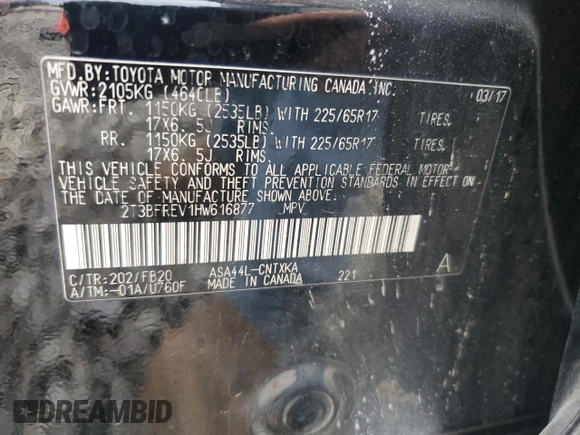 2017 Toyota RAV4 LE with VIN 2T3BFREV1HW616877, listed as a Copart auction lot 46058075 with 66,956 mi miles and Salvage title. Bid and sale history available at DreamBid. Image 13.