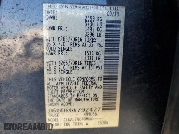 2019 Nissan Frontier SV z VIN 1N6DD0ER4KN792427, wystawiony jako Copart lot #56537675 z przebiegiem 70 570 mil mil oraz Szkoda całkowita • Salvage title. Historia ofert i sprzedaży dostępna na DreamBid. Obrazek 12.