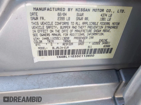 2005 Nissan Altima SE with VIN 1N4BL11E55C113650, listed as a IAAI auction lot 41781549 with 41,858 mi miles. Bid and sale history available at carsss.com. Image 9.