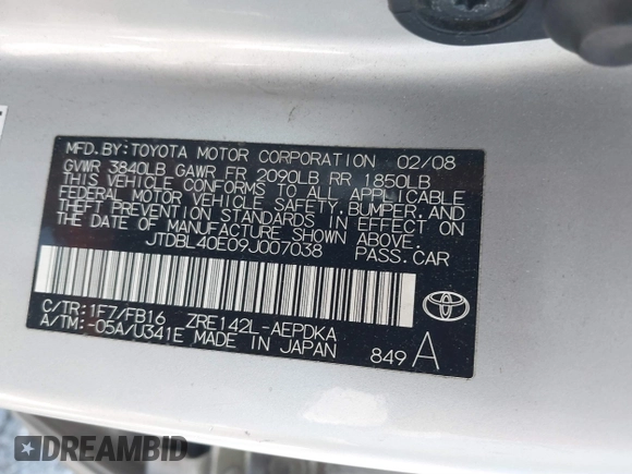 2009 Toyota Corolla with VIN JTDBL40E09J007038, listed as a IAAI auction lot 41830758 with 292,897 mi miles. Bid and sale history available at carsss.com. Image 9.