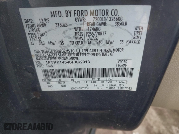 2006 Ford F-150 XLT with VIN 1FTPX14546FA62013, listed as a IAAI auction lot 42526008 with 240,324 mi miles and . Bid and sale history available at DreamBid. Image 9.