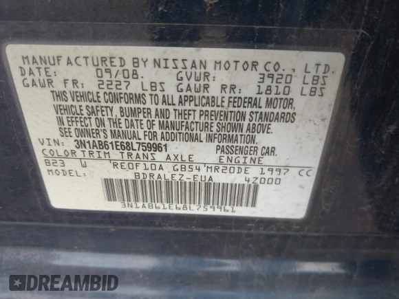 2008 Nissan Sentra 2.0 with VIN 3N1AB61E68L759961, listed as a IAAI auction lot 42675913 with 243,689 mi miles and . Bid and sale history available at DreamBid. Image 9.