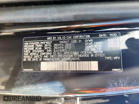 2021 Volvo XC90 Inscription with VIN YV4A22PL7M1716627, listed as a Copart auction lot 63873165 with Not provided miles and Non repairable. Bid and sale history available at DreamBid. Image 13.