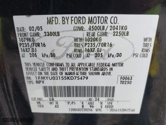 2005 Ford Escape XLT with VIN 1FMYU03155KD75479, listed as a IAAI auction lot 41757864 with 213,571 mi miles. Bid and sale history available at carsss.com. Image 9.