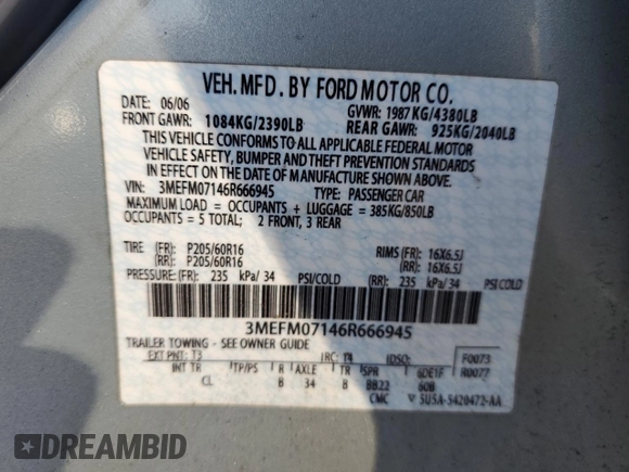 2006 Mercury Milan with VIN 3MEFM07146R666945, listed as a Copart auction lot 49838285 with 70,493 mi miles and Clean Title. Bid and sale history available at carsss.com. Image 12.