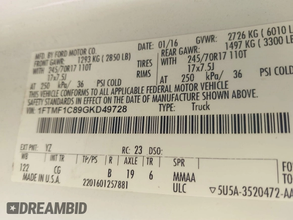 2016 Ford F-150 XL with VIN 1FTMF1C89GKD49728, listed as a IAAI auction lot 40661263 with 143,319 mi miles. Bid and sale history available at carsss.com. Image 9.