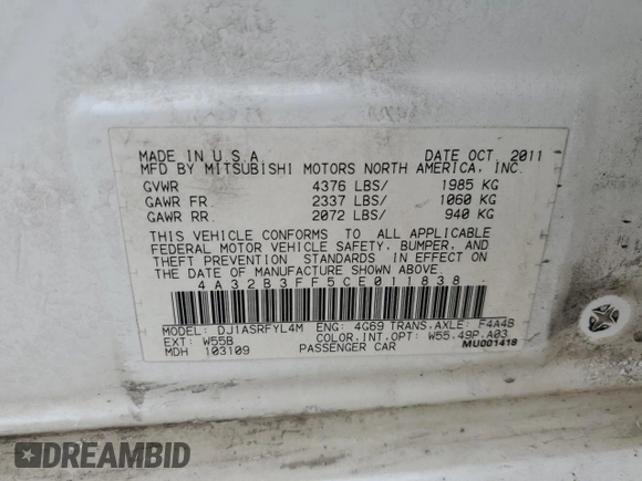 2012 Mitsubishi Galant ES z VIN 4A32B3FF5CE011838, wystawiony jako Copart lot #51344155 z przebiegiem 229 557 mil mil oraz Szkoda całkowita • Salvage title. Historia ofert i sprzedaży dostępna na DreamBid. Obrazek 14.
