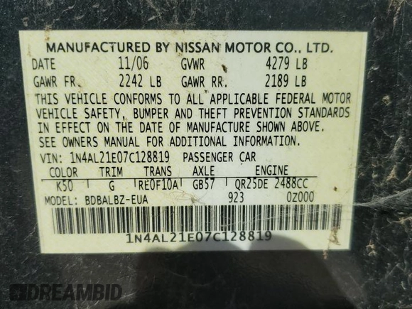 2007 Nissan Altima 2.5 with VIN 1N4AL21E07C128819, listed as a Copart auction lot 73201224 with 0 mi miles and Clean Title. Bid and sale history available at carsss.com. Image 12.