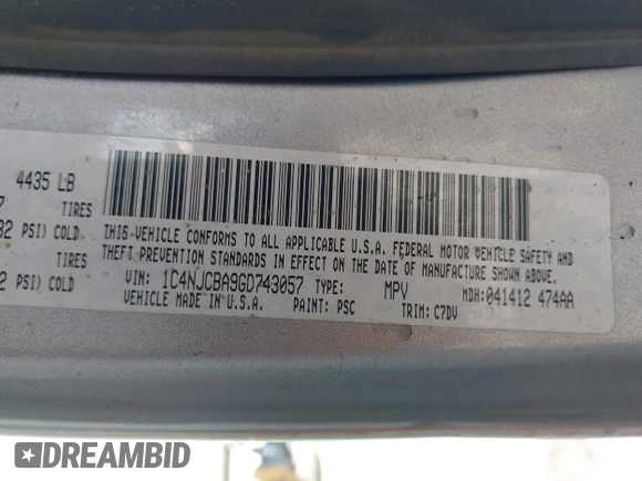 2016 Jeep Compass Sport with VIN 1C4NJCBA9GD743057, listed as a IAAI auction lot 42544686 with Not provided miles and . Bid and sale history available at DreamBid. Image 9.