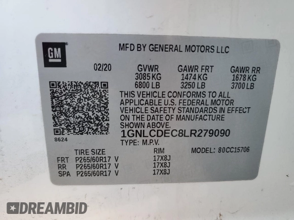 2020 Chevrolet Tahoe Commercial with VIN 1GNLCDEC8LR279090, listed as a Copart auction lot 46990355 with 52,118 mi miles and Salvage title. Bid and sale history available at DreamBid. Image 13.