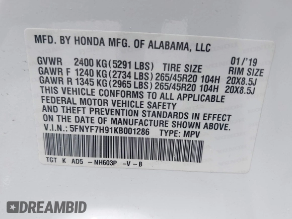 2019 Honda Passport Touring z VIN 5FNYF7H91KB001286, wystawiony jako IAAI lot #41733668 z przebiegiem Nie podano mil oraz . Historia ofert i sprzedaży dostępna na DreamBid. Obrazek 9.