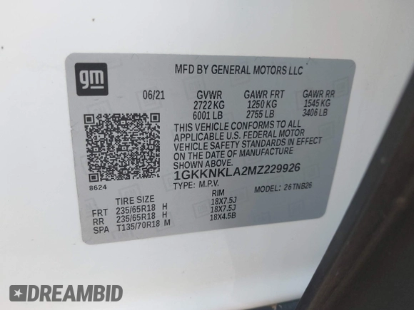 2021 GMC Acadia SLE with VIN 1GKKNKLA2MZ229926, listed as a IAAI auction lot 42027753 with Not provided miles and . Bid and sale history available at DreamBid. Image 9.