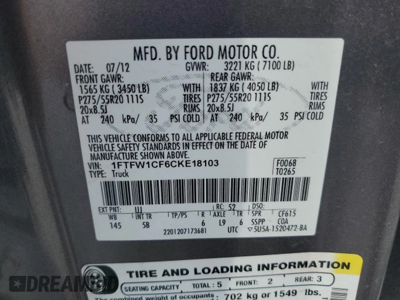 2012 Ford F-150 XL with VIN 1FTFW1CF6CKE18103, listed as a Copart auction lot 52884105 with 150,951 mi miles and Salvage Title. Bid and sale history available at carsss.com. Image 13.