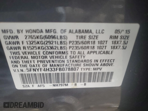 2015 Honda Pilot SE with VIN 5FNYF4H33FB078807, listed as a Copart auction lot 86522004 with 132,320 mi miles and Salvage Title. Bid and sale history available at DreamBid. Image 13.