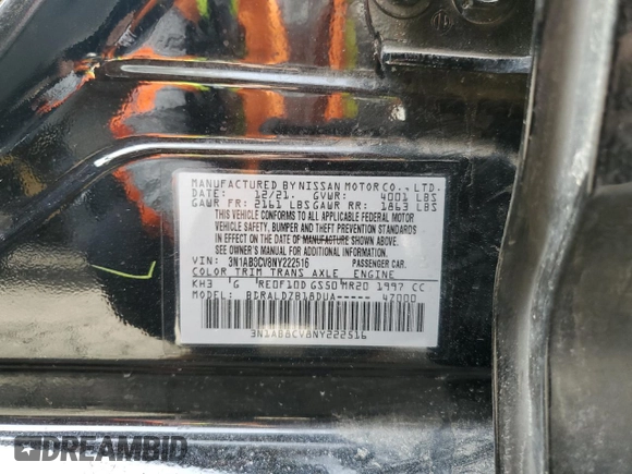 2022 Nissan Sentra SV with VIN 3N1AB8CV8NY222516, listed as a Copart auction lot 49930015 with 72,811 mi miles and Salvage Title. Bid and sale history available at carsss.com. Image 12.
