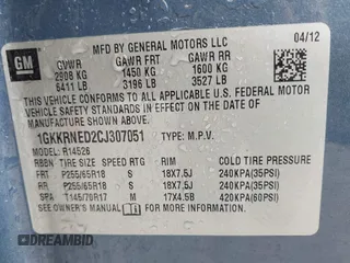 2012 GMC Acadia SL with VIN 1GKKRNED2CJ307051, listed as a IAAI auction lot 42101287 with 191,508 mi miles and . Bid and sale history available at carsss.com. Image 9.