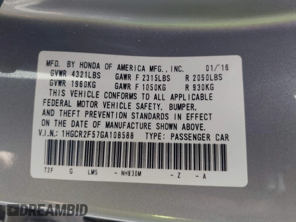 2016 Honda Accord Sport с VIN 1HGCR2F57GA108588, выставлен на аукционе IAAI как лот 42401320 с пробегом 103 734 миль миль и . История ставок и продаж доступна на DreamBid. Изображение 9.