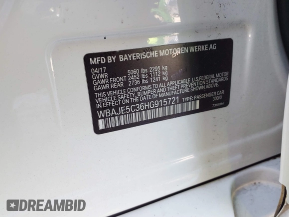 2017 BMW 5 Series 540i with VIN WBAJE5C36HG915721, listed as a IAAI auction lot 41668219 with 161,463 mi miles and . Bid and sale history available at carsss.com. Image 9.