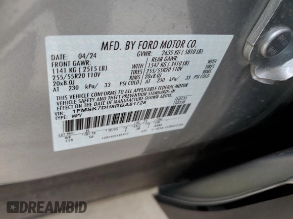 2024 Ford Explorer XLT с VIN 1FMSK7DH8RGA81728, выставлен на аукционе Copart как лот 62089835 с пробегом 1 220 миль миль и Списание • Salvage title. История ставок и продаж доступна на DreamBid. Изображение 13.