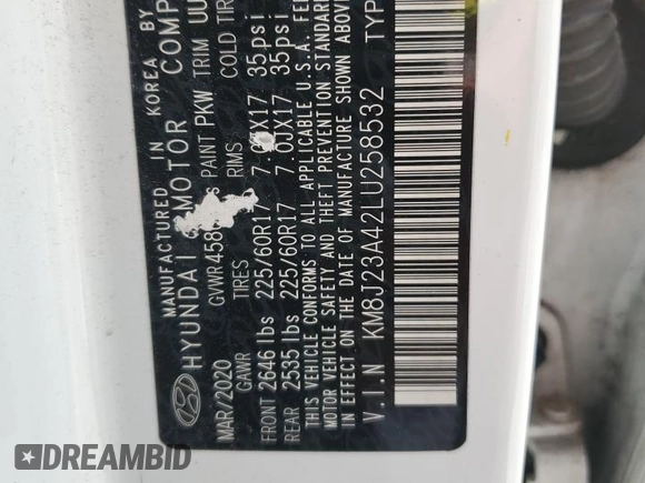 2020 Hyundai Tucson SE с VIN KM8J23A42LU258532, выставлен на аукционе Copart как лот 59155175 с пробегом 132 815 миль миль и Списание • Salvage title. История ставок и продаж доступна на DreamBid. Изображение 13.
