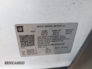 2019 GMC Acadia SLT z VIN 1GKKNULS8KZ262740, wystawiony jako IAAI lot #42255654 z przebiegiem 87 210 mil mil oraz . Historia ofert i sprzedaży dostępna na DreamBid. Obrazek 9.