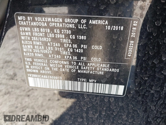 2019 Volkswagen Atlas SEL R-Line z VIN 1V2RR2CA6KC509913, wystawiony jako IAAI lot #41410198 z przebiegiem 97 681 mil mil oraz . Historia ofert i sprzedaży dostępna na DreamBid. Obrazek 9.