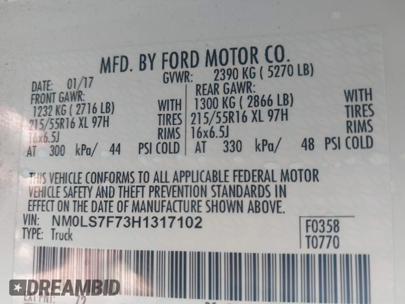 2017 Ford Transit Connect XLT with VIN NM0LS7F73H1317102, listed as a IAAI auction lot 42561053 with Not provided miles and . Bid and sale history available at DreamBid. Image 9.