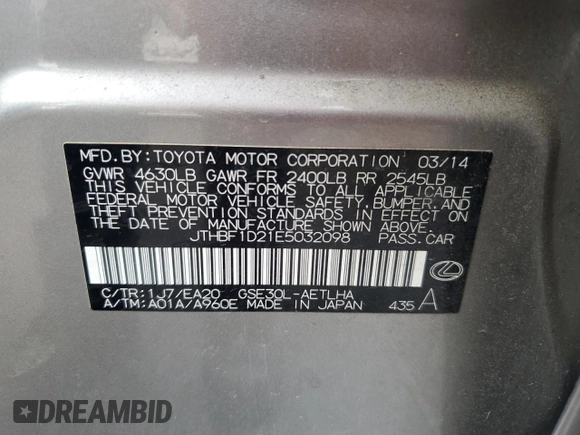 2014 Lexus IS 250 with VIN JTHBF1D21E5032098, listed as a Copart auction lot 50249285 with 81,821 mi miles and Salvage Title. Bid and sale history available at DreamBid. Image 13.