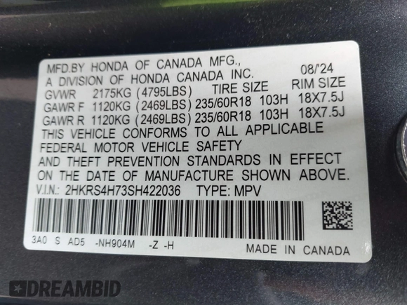 2025 Honda CR-V EX-L with VIN 2HKRS4H73SH422036, listed as a IAAI auction lot 42070807 with 1,735 mi miles and . Bid and sale history available at DreamBid. Image 9.