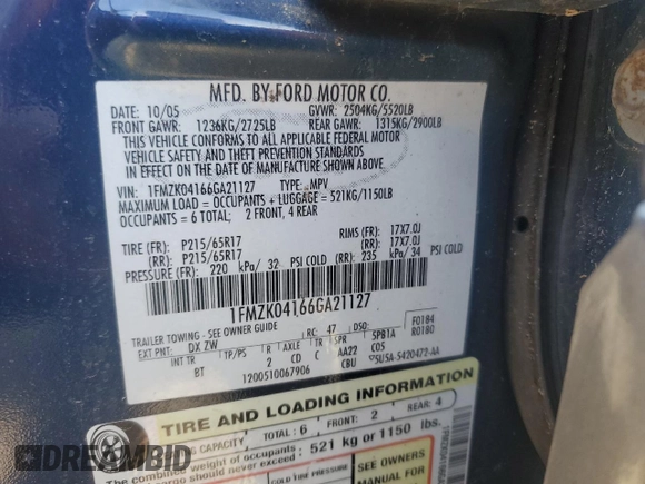 2006 Ford Freestyle SE с VIN 1FMZK04166GA21127, выставлен на аукционе Copart как лот 56362555 с пробегом Не указан миль и Списание • Salvage title. История ставок и продаж доступна на DreamBid. Изображение 12.