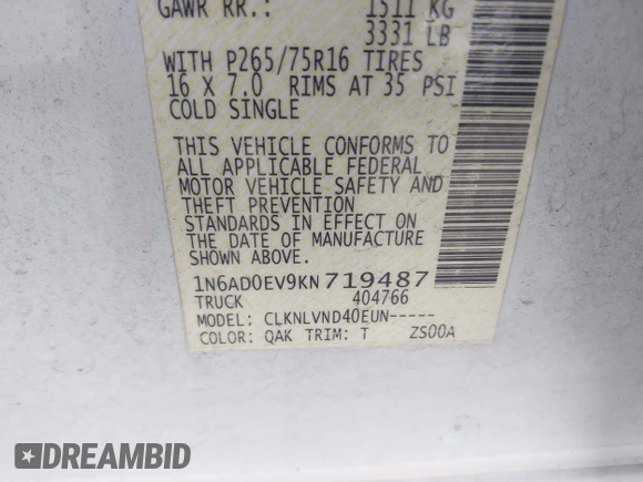 2019 Nissan Frontier SV with VIN 1N6AD0EV9KN719487, listed as a IAAI auction lot 42034967 with 56,158 mi miles and . Bid and sale history available at DreamBid. Image 9.