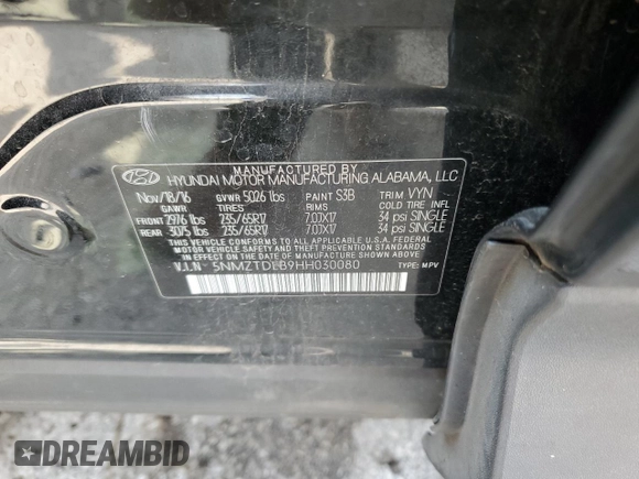 2017 Hyundai Santa Fe 2.4L with VIN 5NMZTDLB9HH030080, listed as a Copart auction lot 57267985 with 67,149 mi miles and Non repairable. Bid and sale history available at DreamBid. Image 13.