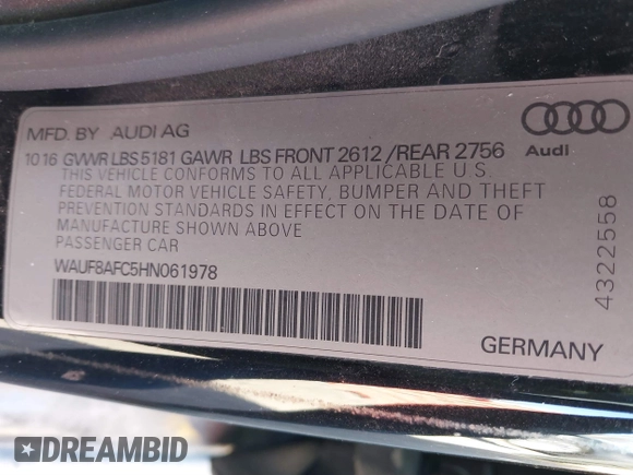 2017 Audi A6 Premium z VIN WAUF8AFC5HN061978, wystawiony jako IAAI lot #41424637 z przebiegiem 168 434 mil mil oraz . Historia ofert i sprzedaży dostępna na DreamBid. Obrazek 9.