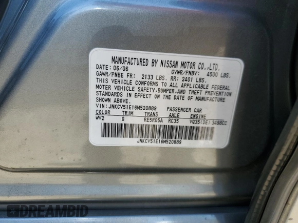 2006 Infiniti G35 with VIN JNKCV51E16M520889, listed as a Copart auction lot 69798694 with 109,394 mi miles and Salvage Title. Bid and sale history available at DreamBid. Image 12.