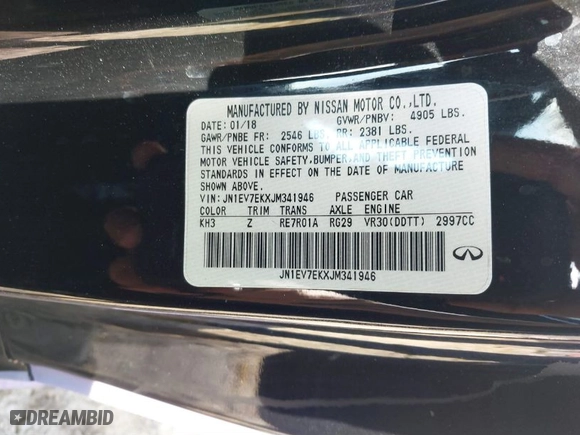 2018 Infiniti Q60 3.0t LUXE with VIN JN1EV7EKXJM341946, listed as a IAAI auction lot 39392104 with 52,989 mi miles. Bid and sale history available at carsss.com. Image 9.